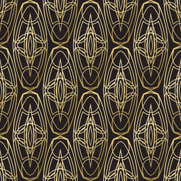 Vector illustration of Seamless pattern with golden luxurious ornament on black background. Template for wrapping paper design.