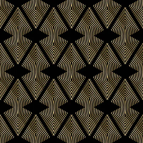 Vector illustration of Seamless pattern with golden tribal ornament on black background. Template for design in bohemian style.