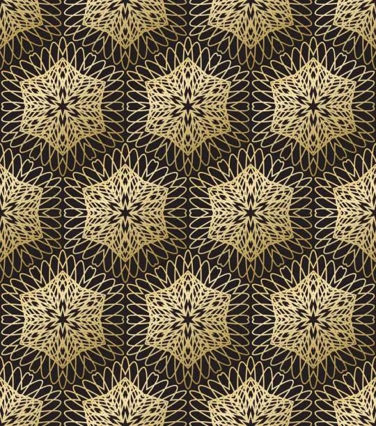 Vector illustration of Seamless pattern with golden hexagonal ornament on black background. Template for design in glamorous style.