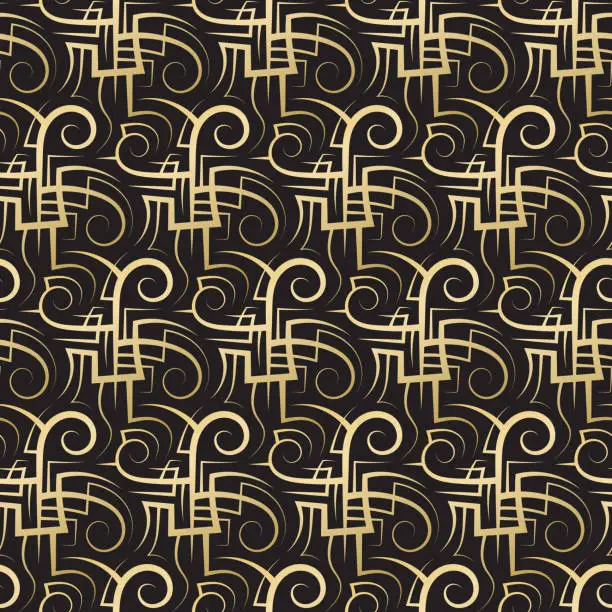 Vector illustration of Seamless pattern with golden decorative shapes on black background. Template for design in Asian style.