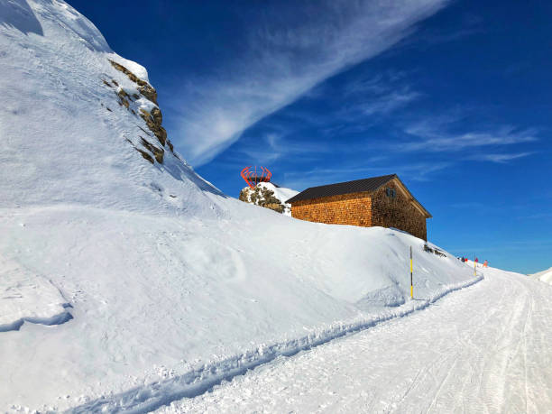Bad Gastein, Austria - April 2,2018: Viewpoint at mountains ski resort Bad Gastein. It is an Austrian spa and ski town in the High Tauern mountains.