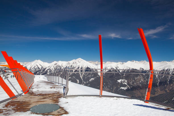 Bad Gastein, Austria - April 2,2018: Viewpoint at mountains ski resort Bad Gastein. It is an Austrian spa and ski town in the High Tauern mountains.