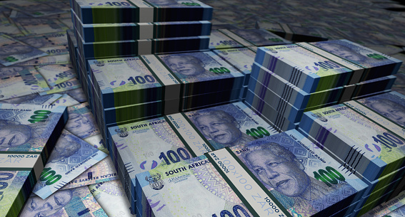 South Africa Rand ZAR banknote. South African money note currency. 3D illustration abstract concept of business, economy, finance, crisis and banking.