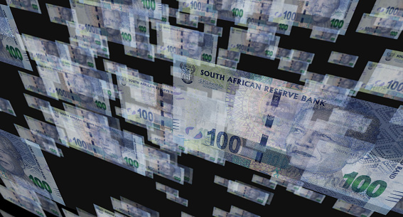 South Africa Rand ZAR banknote. South African money note currency. 3D illustration abstract concept of business, economy, finance, crisis and banking.