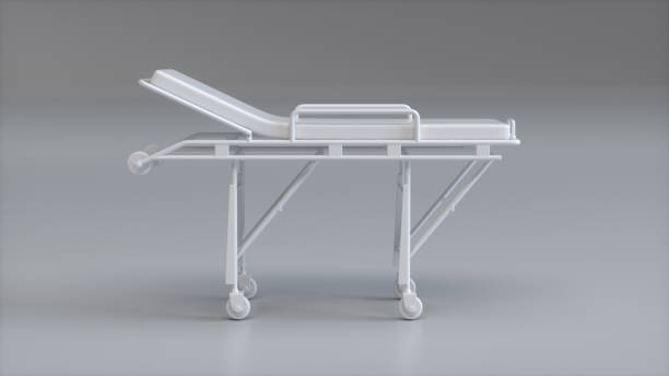 Empty Medical Stretcher Rolling. Soft Gray Studio Background. Medicine Concept. Left View. 3D Render.