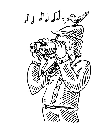 Hand-drawn vector drawing of a Bird-Watcher With Binoculars And a Songbird On his Head. Black-and-White sketch on a transparent background (.eps-file). Included files are EPS (v10) and Hi-Res JPG.