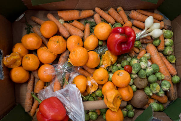 istock Dirty boxes with rotten vegetables and fruit. Garbage and food waste. Top view. 1942265795