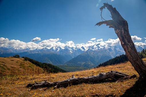 Autumn image of the mountains of Svaneti and the snow-capped peaks of the Caucasus