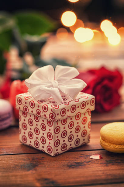 istock Red rose, gift and macarons for the Valentine's day 1942267455