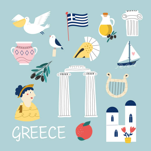 Colorful image, frame art with landmarks, symbols of Greece Colorful image, frame art with landmarks, symbols of Greece. Vector illustration, good for posters, frame art, travel leaflets, magazines, souvenirs crete cartoon stock illustrations