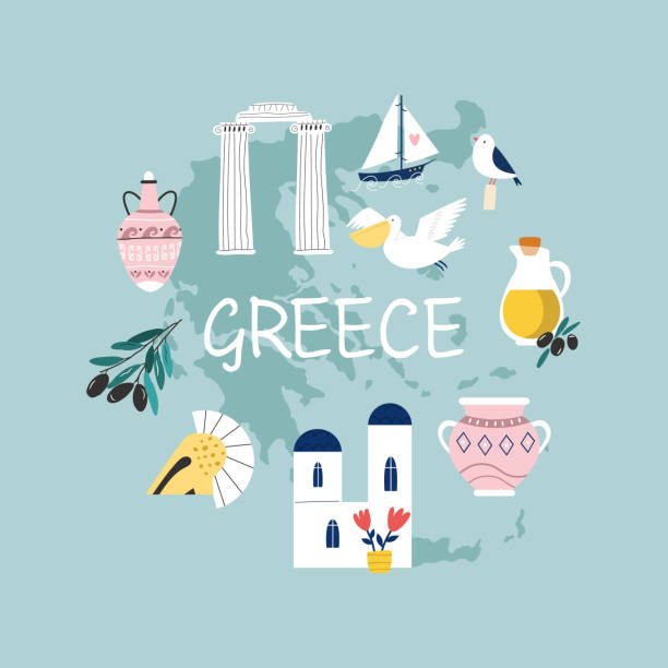 Colorful image, frame art with landmarks, symbols of Greece Colorful image, frame art with landmarks, symbols of Greece. Vector illustration, good for posters, frame art, travel leaflets, magazines, souvenirs crete cartoon stock illustrations