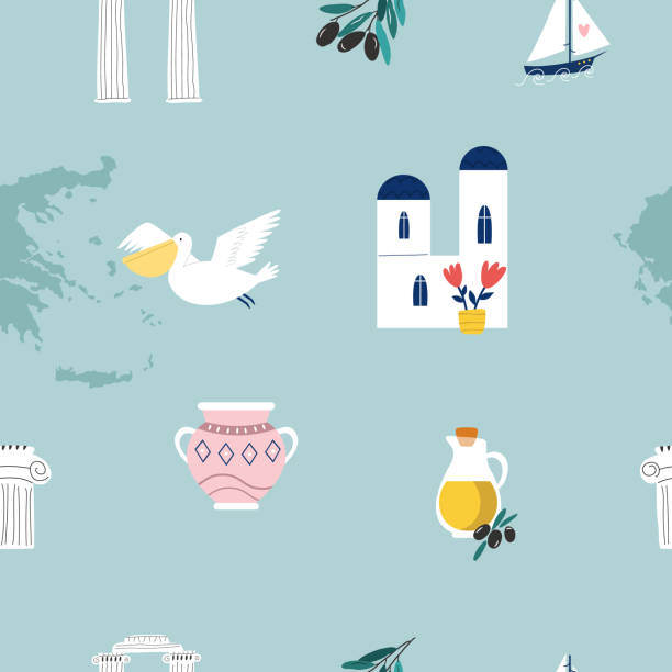 Seamless pattern with landmarks and symbols of Greece Seamless pattern with landmarks and symbols of Greece - olive oil, amphora, pelican, olive oil, Santorini buildings crete cartoon stock illustrations