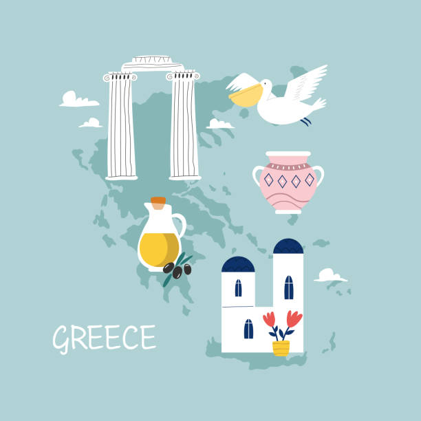 Colorful image, frame art with landmarks, symbols of Greece Colorful image, frame art with landmarks, symbols of Greece. Vector illustration, good for posters, frame art, travel leaflets, magazines, souvenirs crete cartoon stock illustrations