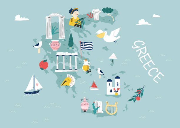 Vector stylized illustrated map of Greece with famous landmarks, places and symbols Vector stylized illustrated map of Greece with famous landmarks, places and symbols. Good for posters, frame art, travel leaflets, magazines, souvenirs crete cartoon stock illustrations
