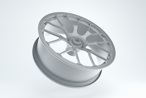 Gray Racing Rim on a White Studio Background. Minimal concept. Perspective view. Monochrome. 3D render.