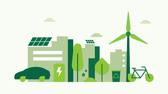 Green Smart City Sustainable. Eco friendly, green energy, environment, modern city. Zero emissions and pollution. Sustainable transportation. Vector illustration