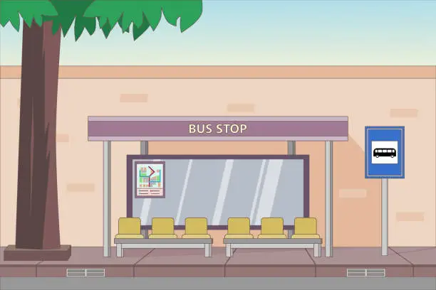 Vector illustration of Bus stop with shelter on city street. Urban landscape with public transport station. Vector illustration.