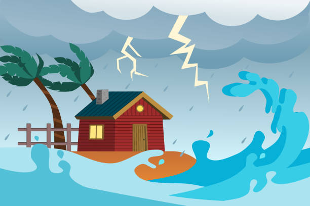 istock Tsunami seascape storm landscape. Big waves and a house on the beach. Vector illustration. 1942307414