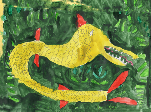 Hand drawn Watercolor painting. Fairy tale golden pike fish on a green underwater plant background