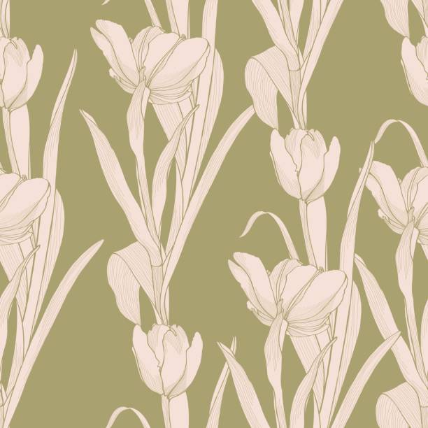 istock Nature seamless pattern. Hand drawn tulips background: olive green flowers, line art. 1942322099