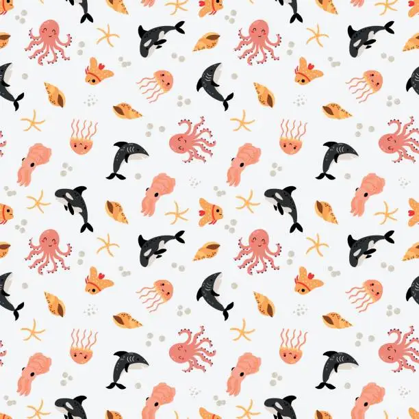 Vector illustration of Seamless pattern with sea animals.