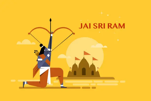 Vector illustration of Illustration of Hindu religious deity Lord Ram holding the bow in the background Ayodhya temple