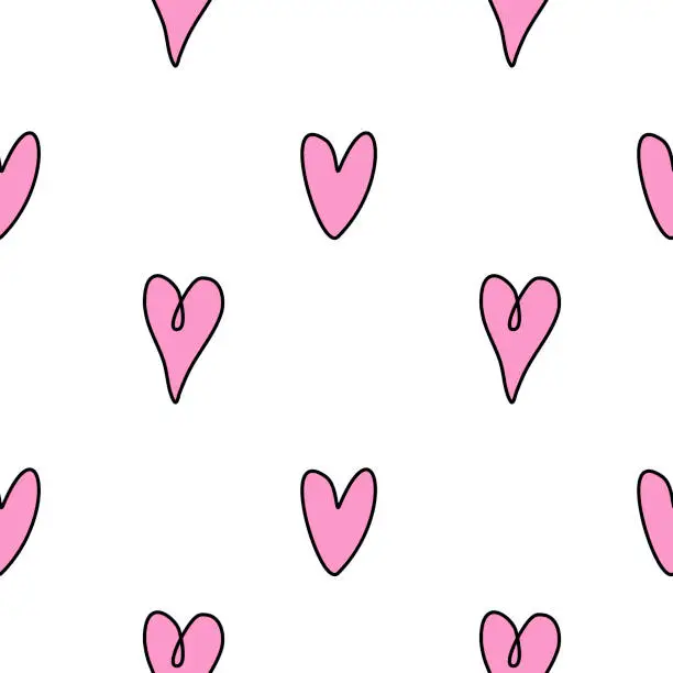 Vector illustration of Seamless abstract pattern of small pink contour hearts. Hand drawn doodle background, texture for textile, wrapping paper, Valentine's day, romantic design