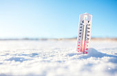 Thermometer in the winter snow showing sub zero minus temperature