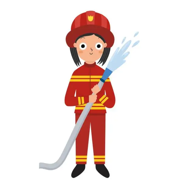 Vector illustration of Cute firefighter girl in cartoon style. Funny kid in fire fighter red uniform holding hose