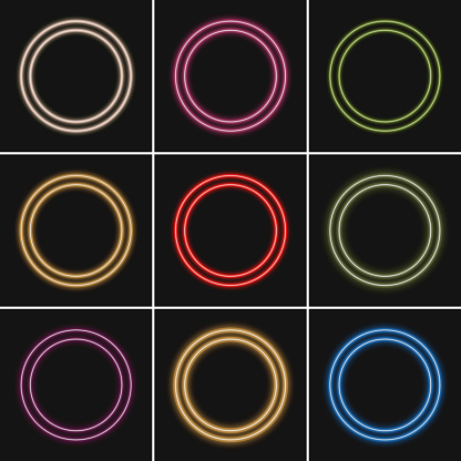 Vector set of neon effect double ring light technology icon collection