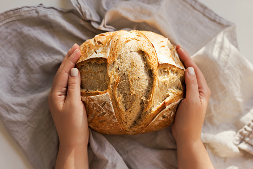 Woman holds freshly baked sourdough bread, healthy nutrition concept