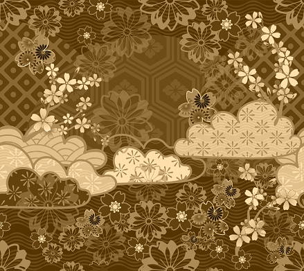 Japanese clouds and cherry blossom flowers. Traditional dark gold pattern design.