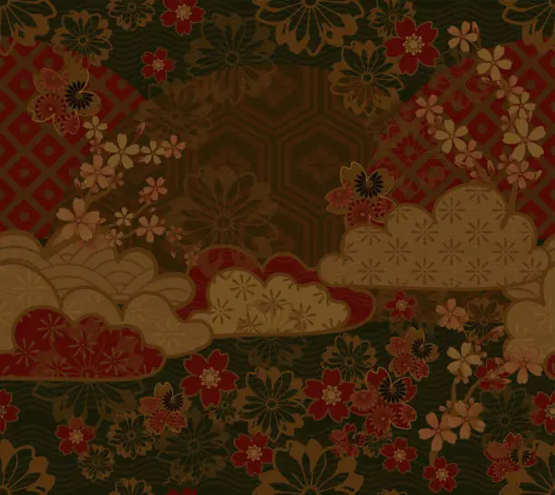 Vector illustration of Japanese clouds and cherry blossom flowers. Traditional dark gold and red colored pattern design.