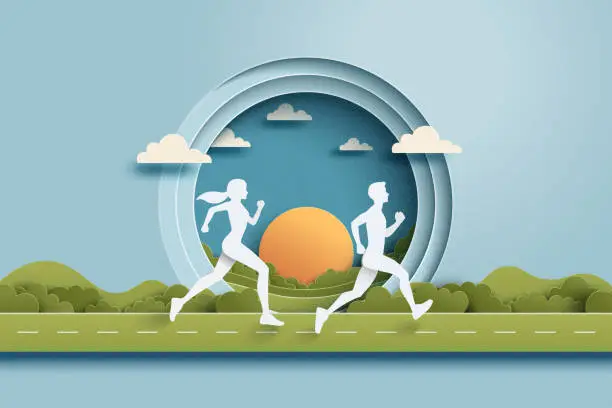 Vector illustration of People Running In The Park. Running for health in nature landscape.Marathon or Trail running sport activity. Paper art vector illustration.