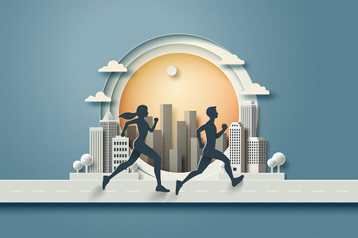 People Running In The City. Running for health in nature with cityscape background. Marathon or Trail running sport activity. Paper art vector illustration.