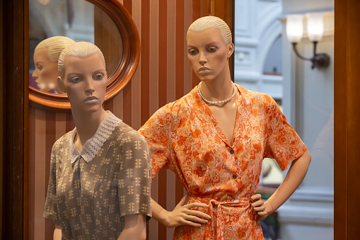 Female mannequin dressed in the style of the fifties or sixties of the last century.