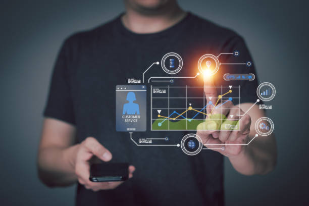 istock Man touching virtual screen to read service usage information and contact customer service, Concept of customer relations, using a Smart phone to connect data and use of services in the online system. 1942372105