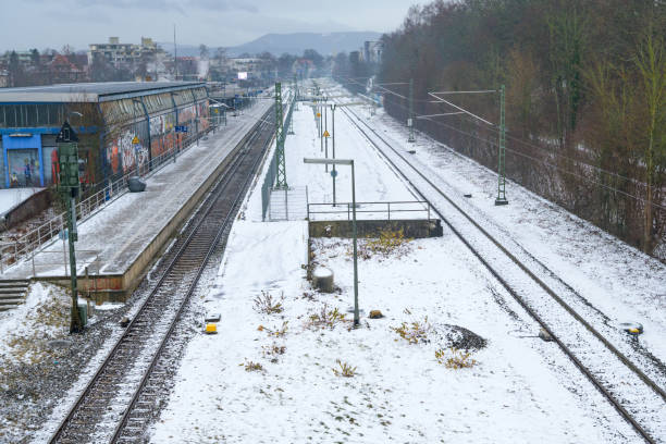 Kirchheim Teck, Baden-Württemberg, Germany, January 17 2024: Kirchheim station in snow and ice. Railroad line in winter