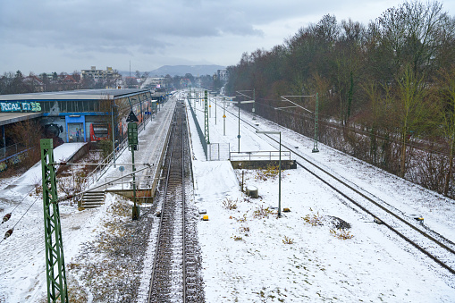 Kirchheim Teck, Baden-Württemberg, Germany, January 17 2024: Kirchheim station in snow and ice. Railroad line in winter