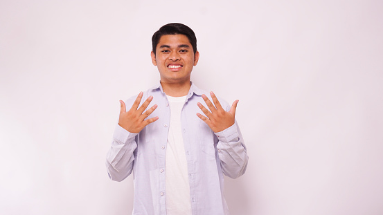 Asian man using sign language with hand. learn sign language by hand. ASL American Sign Language