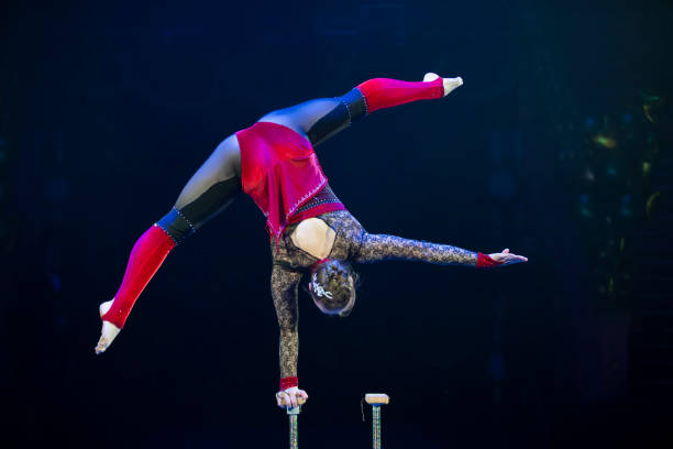 istock A gymnast performs in a show. A girl gymnast performs a circus acrobatic performance. 1942400062