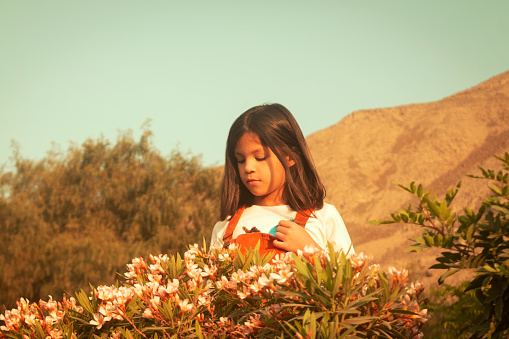 Eight-year-old girl surrounded by plants and mountains illuminated with sunlight, the sky is clear without clouds, it is an autumn afternoon