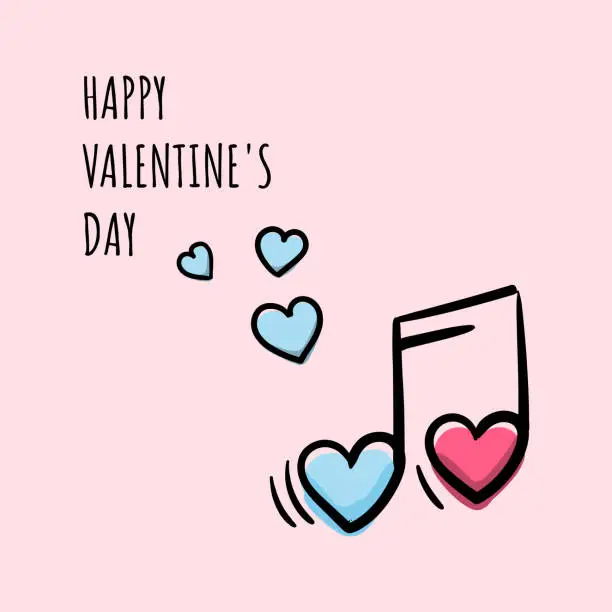 Vector illustration of Cute valentine card with music, hearts and text Happy Valentine's Day