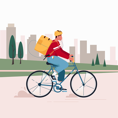 Bike delivery service concept, male courier character riding bicycle with delivery box. Bicycle courier on city landscape, online order. Vector illustration in flat st