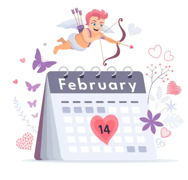 Vector illustration of Cupid flying above the calendar indicating February 14th. Celebrating Valentine's Day.