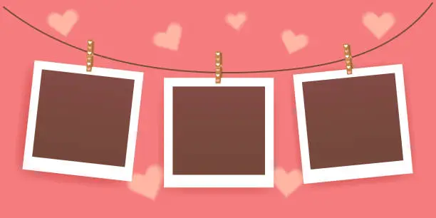 Vector illustration of Valentine's day romantic cards with Blank set photo frames mockup. Greeting Love pink Scrapbook template with blurred hearts. Realistic empty print-holder for memory with shadows for album.