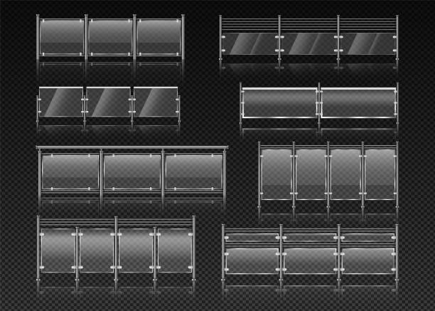 istock Glass balcony rail. Terrace fence. Plexiglass banister. Handrail panel sheet. Iron stairway in building. Architecture elements. Transparent balustrade. Vector realistic enclosures set 1942438020