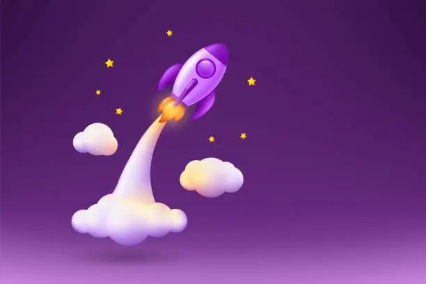Vector illustration of 3d rocket launch. Space start, business startup idea web banner template, ship in sky, bitcoin or science education shuttle, innovation product. Vector render illustration background