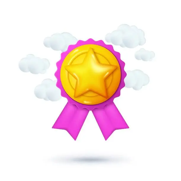 Vector illustration of 3D winner icon. Golden star. Trophy for certificate. Best service. Quality medal. Circle ribbon badge and clouds. Success reward and top award. Plastic symbol. Vector render illustration