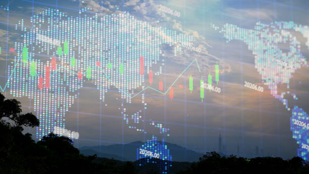 istock Fast changing stock market candlestick chart on holographic world map. 1942447398